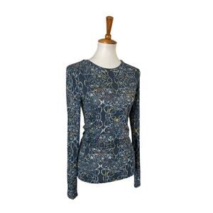 BCBGMAXAZRIA Printed Long-Sleeve Top – Midnight Teal, Size S, NWT
